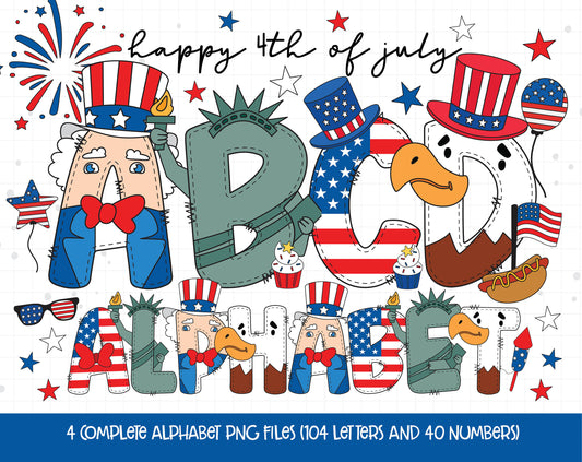 4th of July PNG, Patriotic Alphabet PNG Bundle, 4th of July Alphabet, USA Flag Doodle Letters, Red White Blue Sublimation Designs