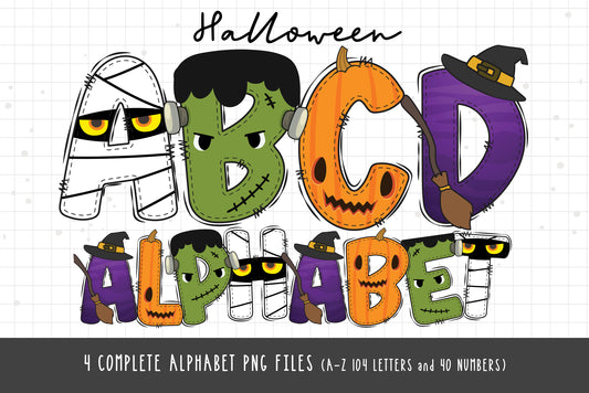 Halloween Doodle Alphabet Bundle, Halloween Alphabet PNG, Halloween Witch Pumpkin Frankenstein Mummy Alphabet Sublimation, PNG Letters