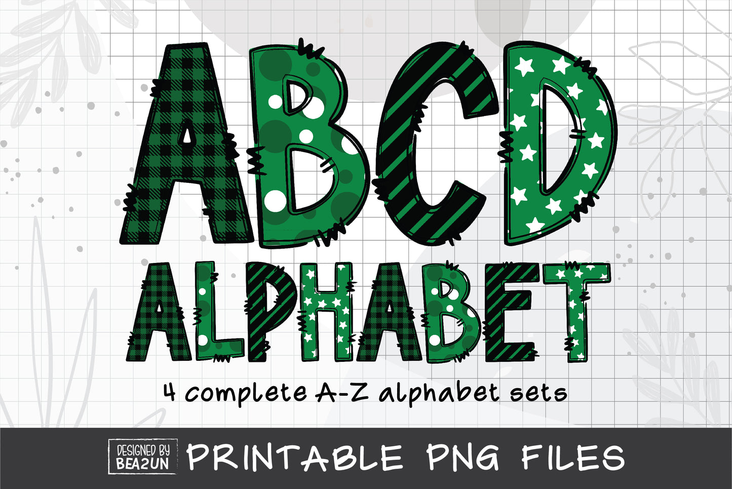 Green Black White Doodle Letters Bundle