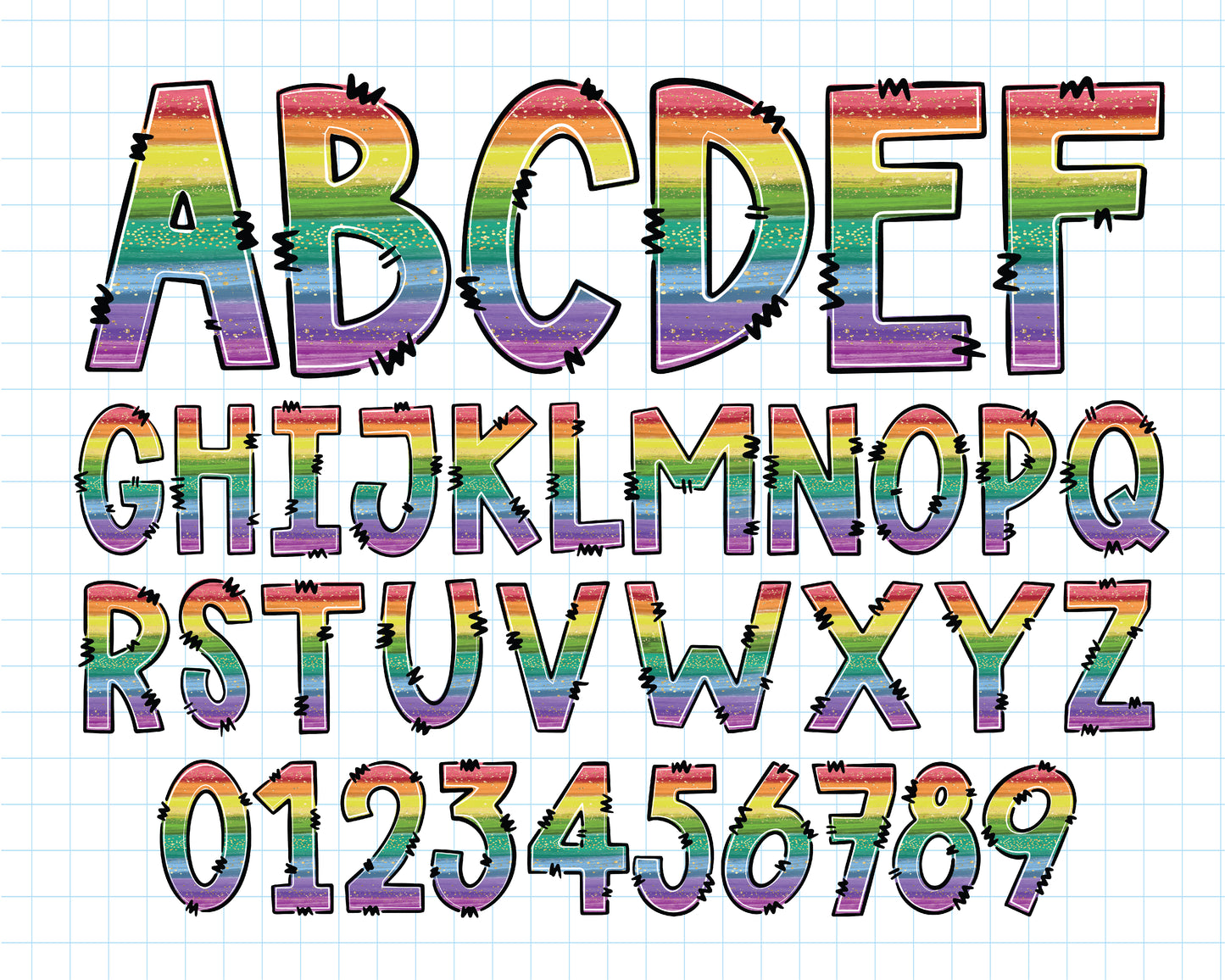 Rainbow Glitter Doodle Alphabet Letters