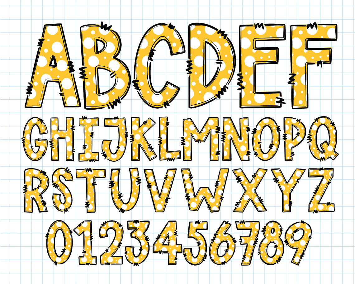 white & yellow doodle alphabet letters