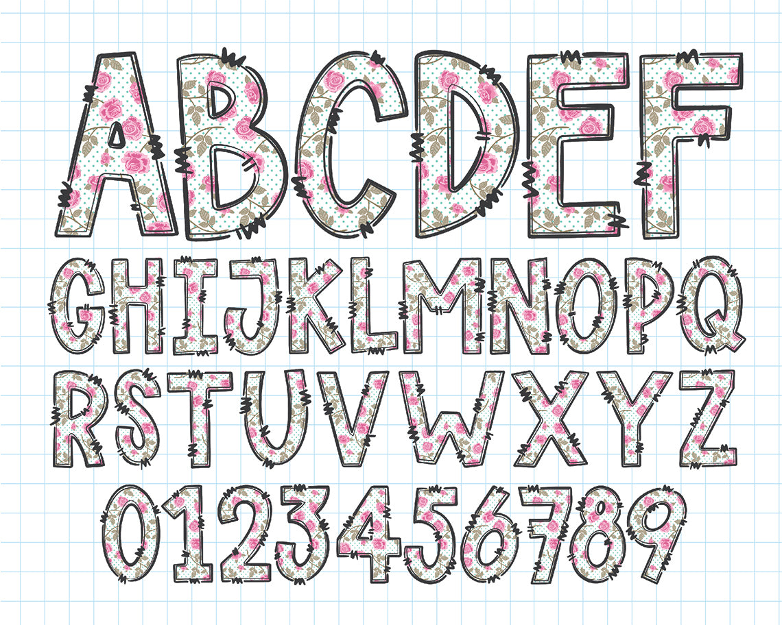 Vintage Pink Roses Doodle Alphabet Letters