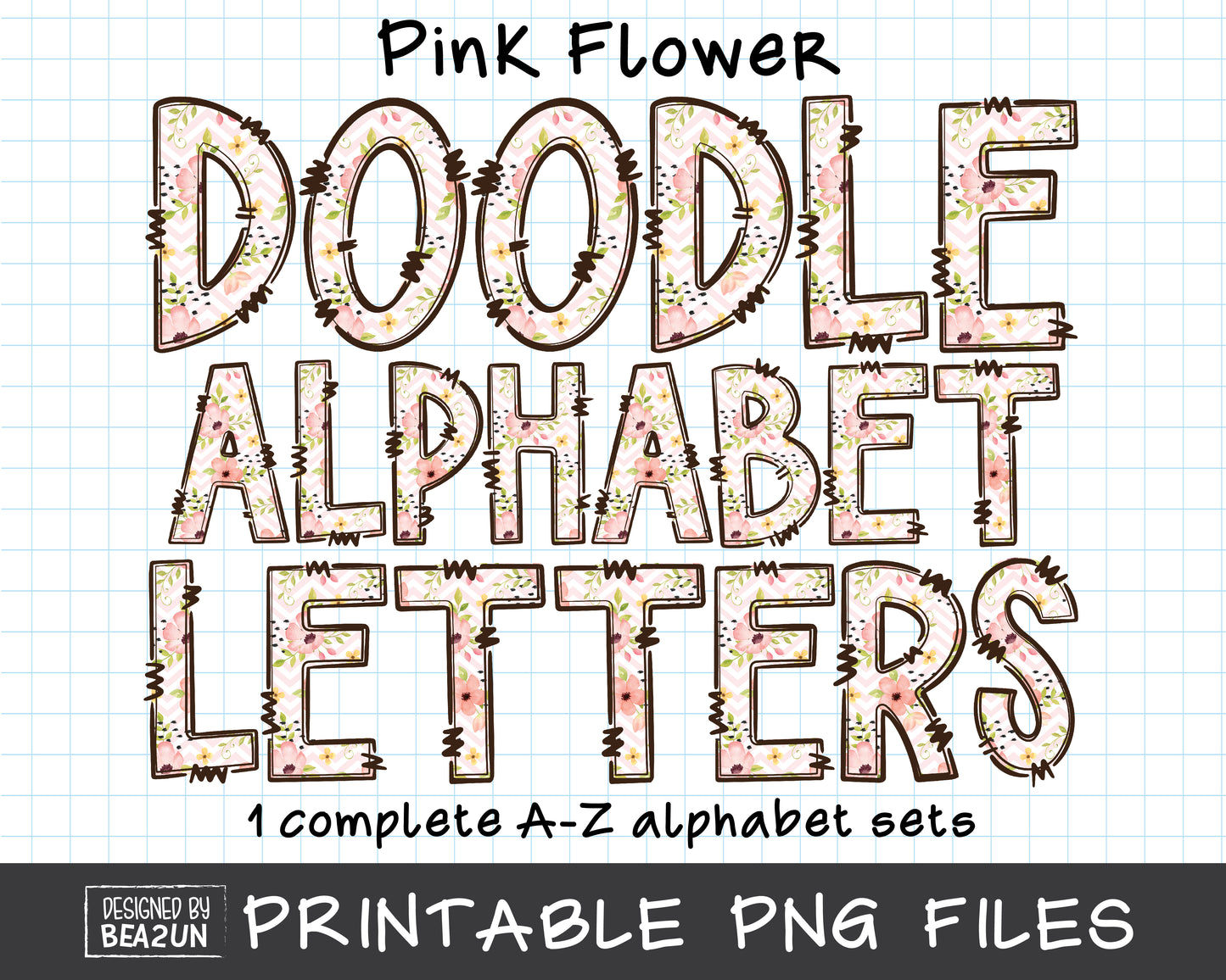 Pink Flower Doodle Alphabet Letters