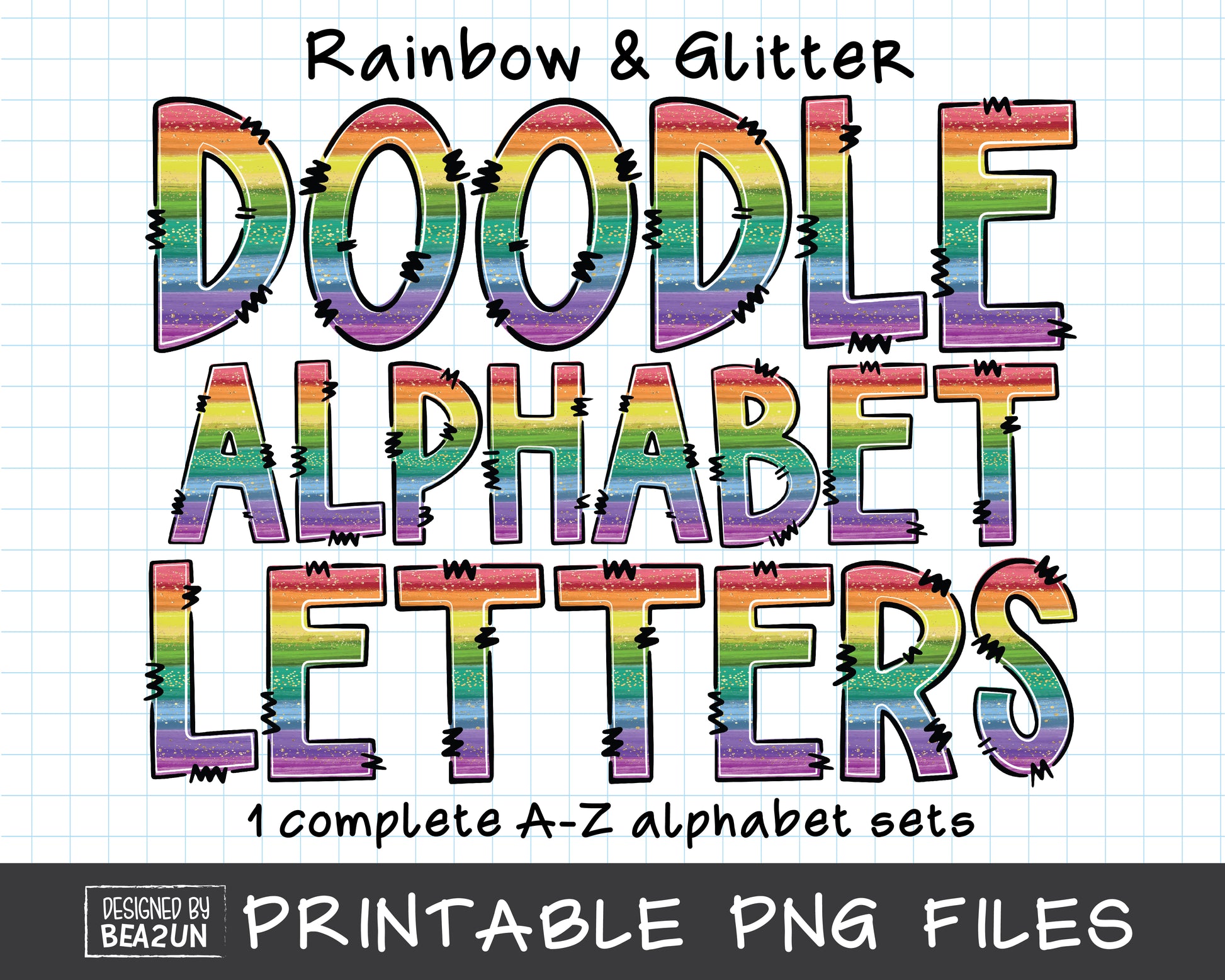 Rainbow Glitter Doodle Alphabet Letters