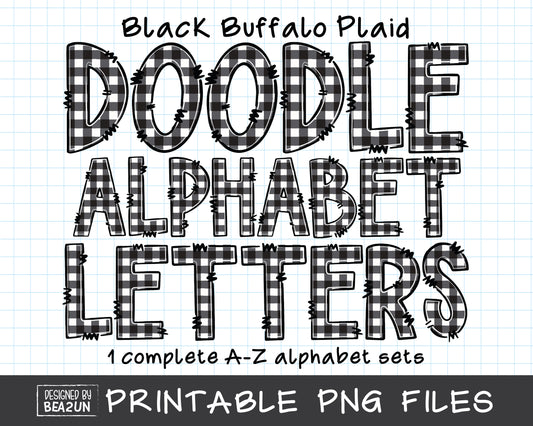 Black Buffalo Plaid Doodle Alphabet Letters