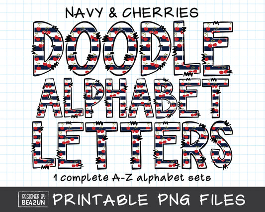 Cherries Alphabet PNG Sublimation, Navy Cherries Doodle Alphabet Letters, Printable Alphabet Clipart