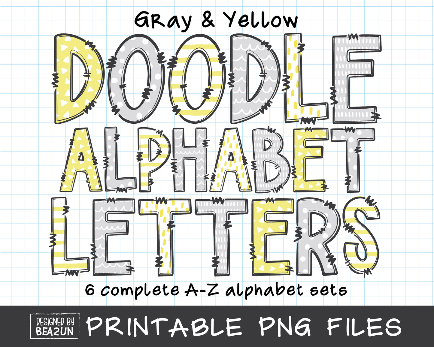 Scandi Gray And Yellow Doodle Alphabet Letters Bundle