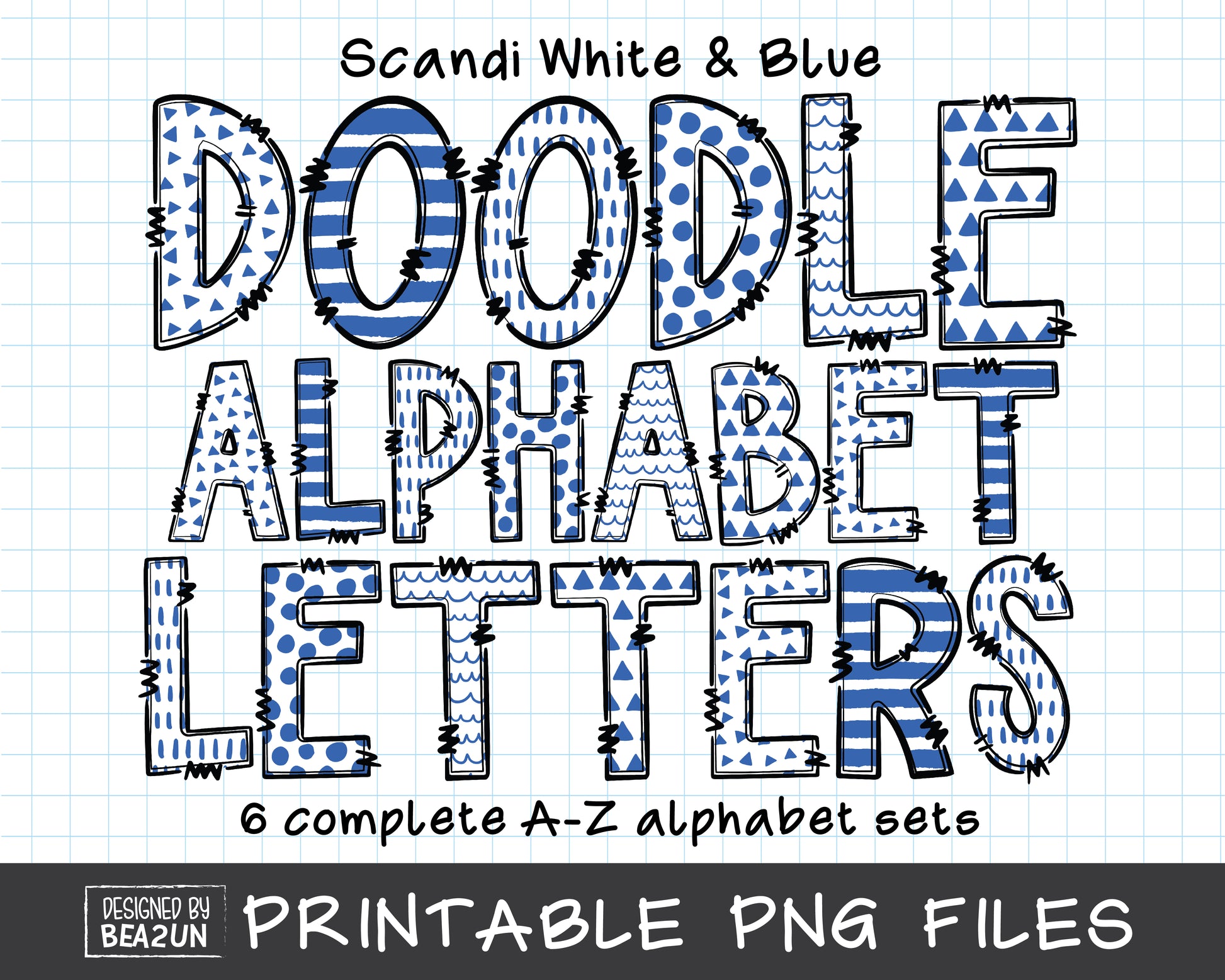 Scandi White And Blue Doodle Alphabet Letters Bundle