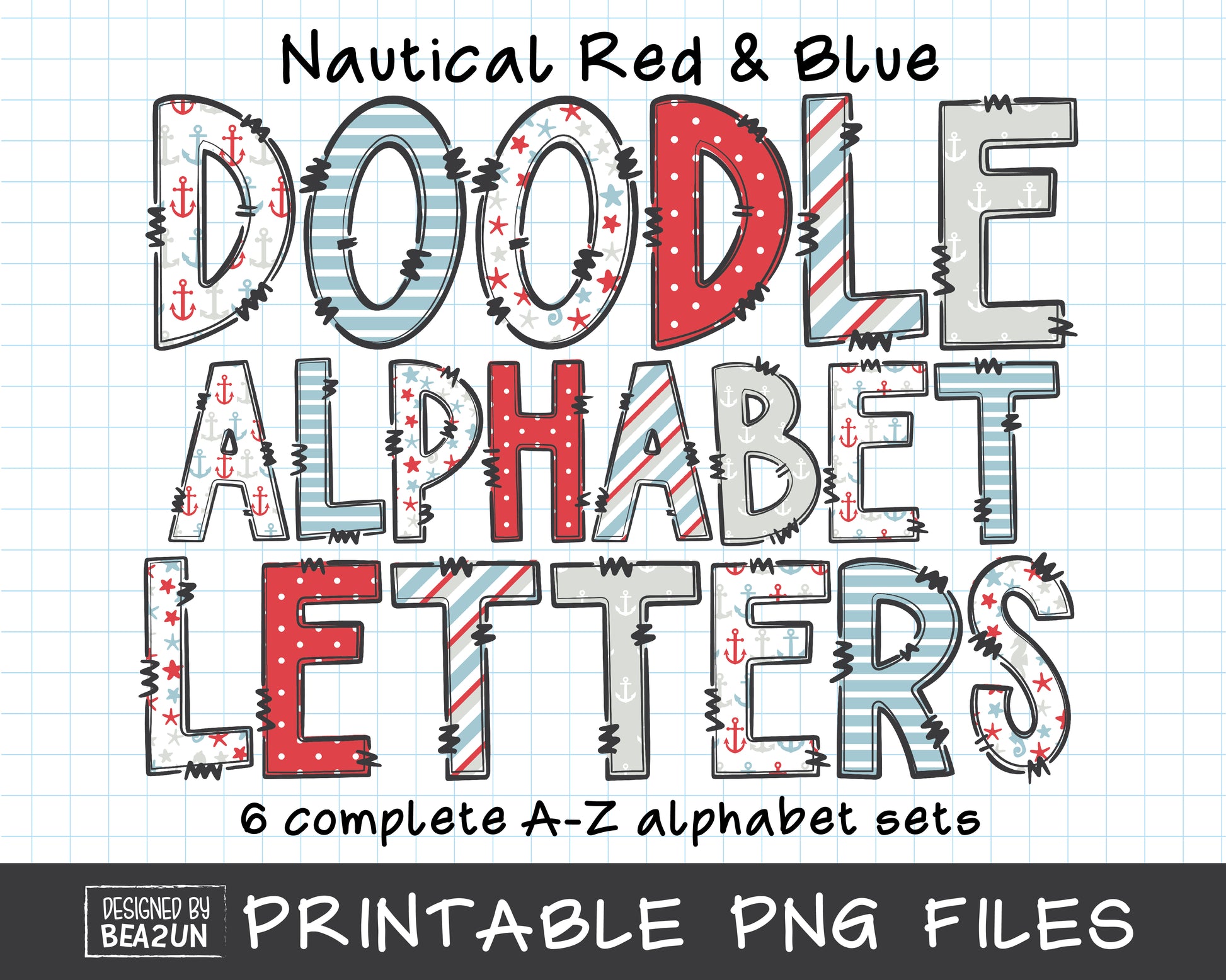 Nautical Red and Blue Doodle Alphabet Letters Bundle