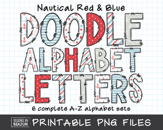 Nautical Red and Blue Doodle Alphabet Letters Bundle