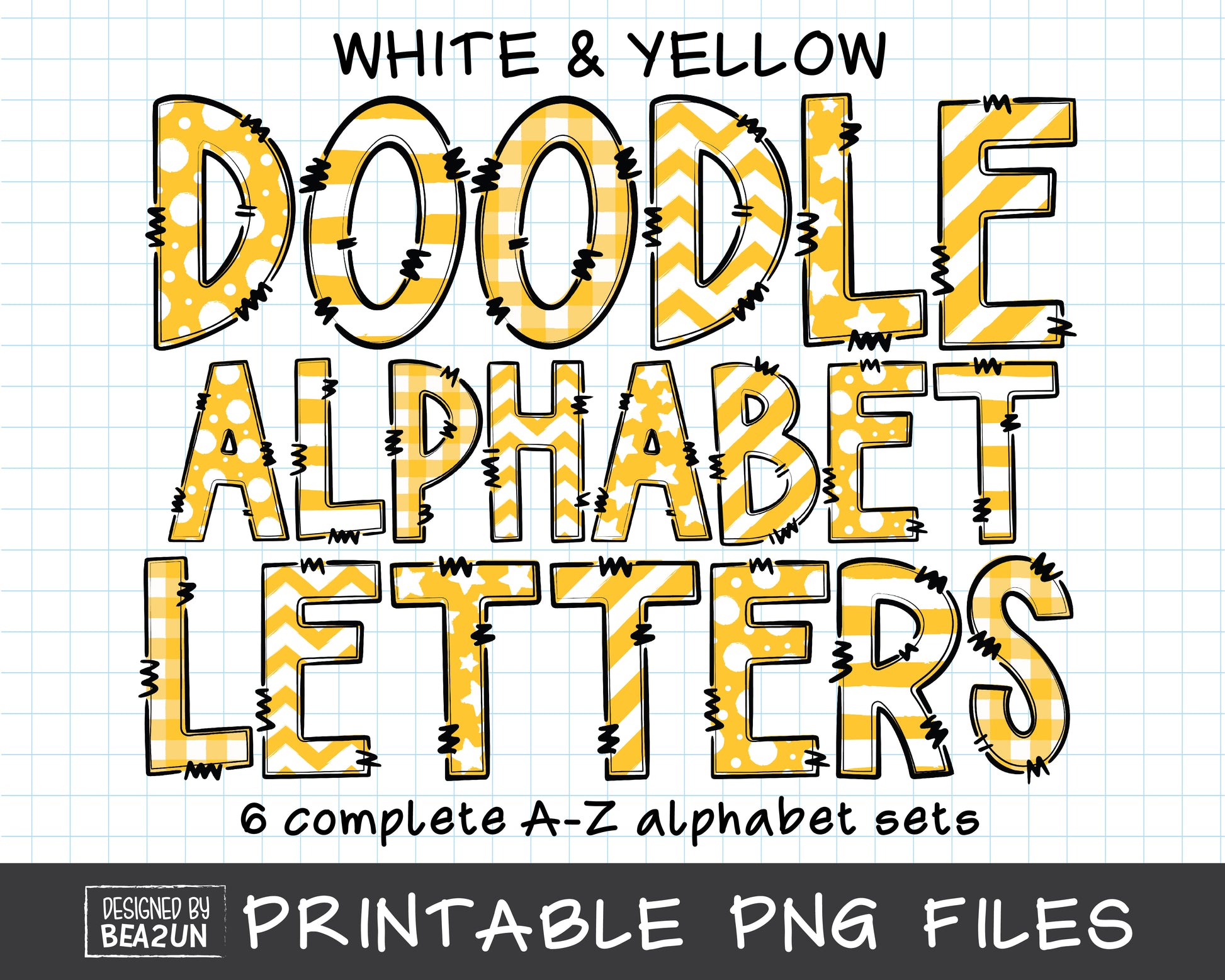 white & yellow doodle alphabet letters