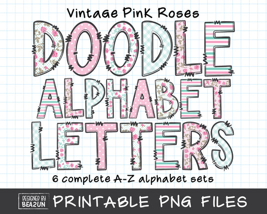 Vintage Pink Roses Doodle Alphabet Letters